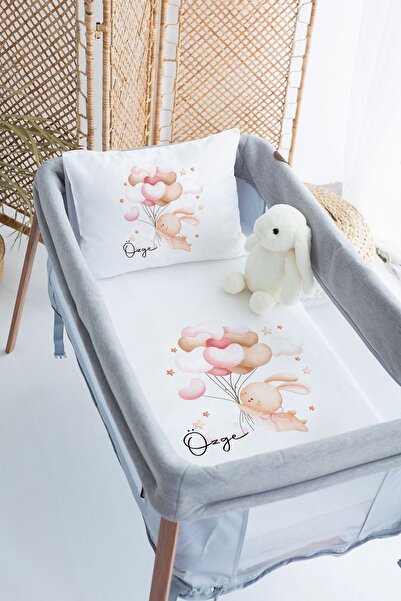 Lilabio %100 Pamuk Saten İsme Özel İsimli 70x120 Park Yatak Nevresim Seti Tavşan