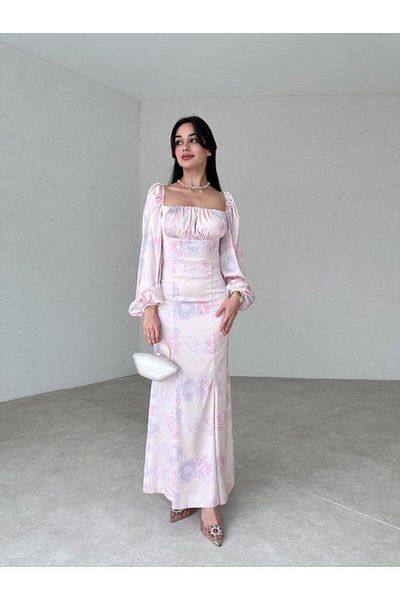 popibutik Digital Printed Long Sleeve Satin Dress