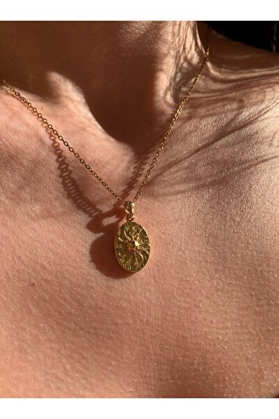Claritas Takı Kadın Altın Kaplama Oval Plaka Güneş Vintage Kolye