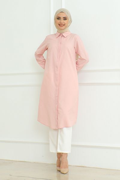 Eliva Powder Pink Women's Tunic - Long Sleeve, Collar Button, Hijab Design