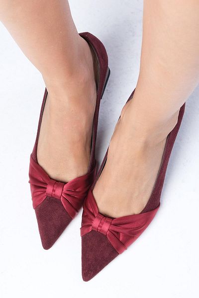 Mio Gusto Burgundy Suede Pointed Toe - Thick Heeled Women's Shoes with Satin Bow Detail