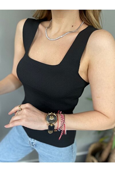 MELEK KOSTAK Kadın Siyah Kare Yaka Kalın Askılı Merserize Triko Crop Atlet Bluz