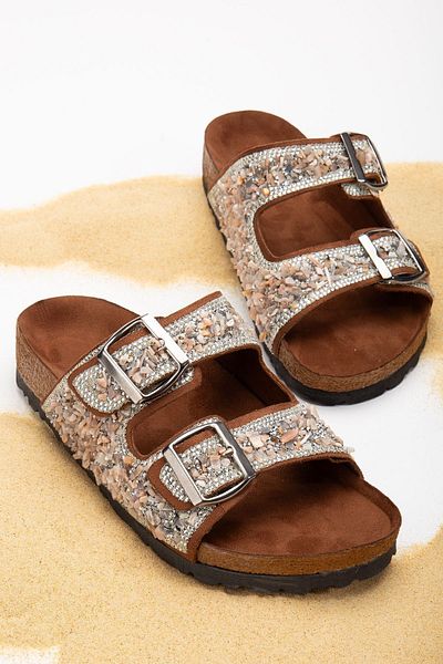 Reyonda ayakkabı Tan Colored Women's Orthopedic Slippers - Natural Stone Double Buckle