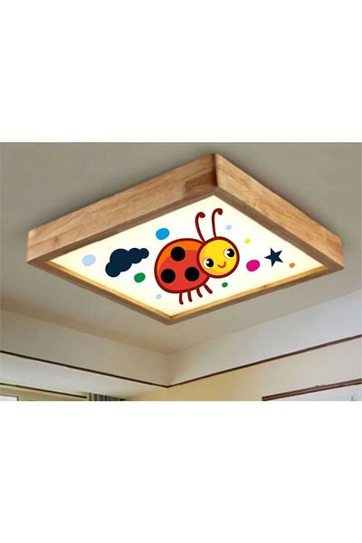 Dekor olsun 6500K White Led Light - Wooden Frame Ceiling Lighting Chandelier for Children's Room 60*60cm Ladybug