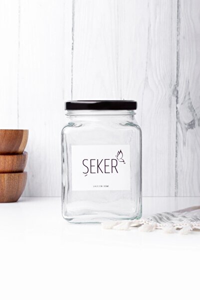 LALEZEN HOME Şeker Etiketli 1000 ml Şeffaf Cam Kavanoz