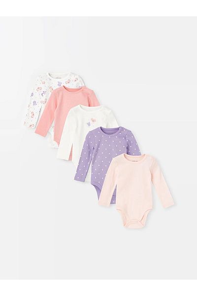 LC Waikiki LCW Baby-Body mit Rundhalsausschnitt, langen Ärmeln und Druckknöpfen, 5er-Pack