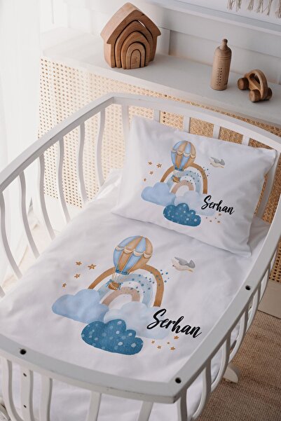 Lilabio %100 Pamuk Saten Isme Özel Isimli Anne Yanı Beşik Nevresim Takımı Balon