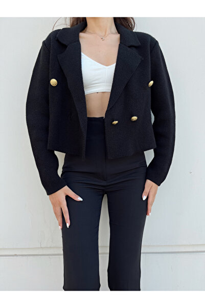 Puella Γυναικείο πλεκτό με χρυσά κουμπιά Crop Cardigan Black Blazer Jacket