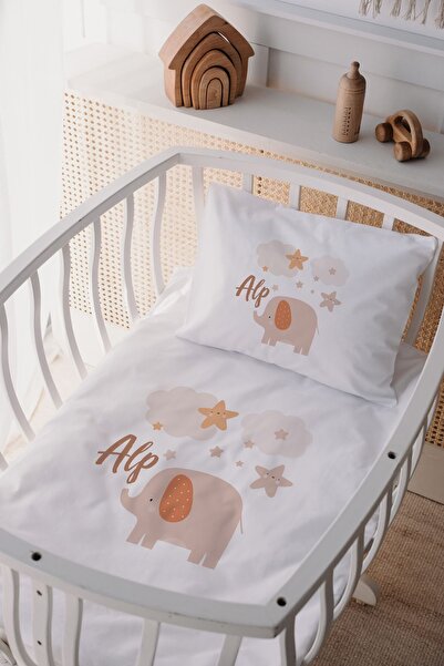 Lilabio %100 Pamuk Saten Isme Özel Isimli Anne Yanı Beşik Nevresim Takımı Fil