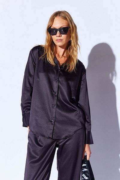 Manche Black Satin - Comfortable Cut and Thick Cuffed Women's Shirt MKS 169477 -01