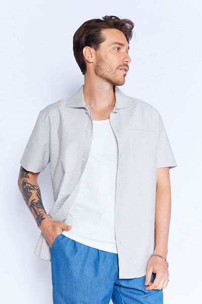 Manche Gray Shirt - 100% Cotton, Wrinkled Layered Collar, Short Sleeve| MES129280-01
