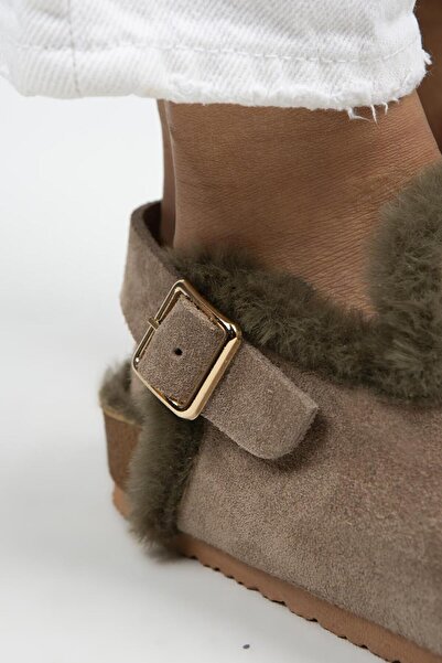 Manijero Holly Furry Women's Genuine Leather Furry Genuine Leather Belt Buckle Mink-Khaki Sandals