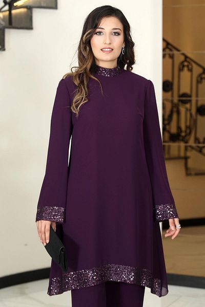 DENİMİNİ Hijab Evening Dress - Chiffon Sequin Detailed, Long Sleeve Tunic and Trousers Set
