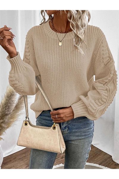AQE FASHION Pulover tricotat Selanik cu mâneci tricotate cu decolteu ochi