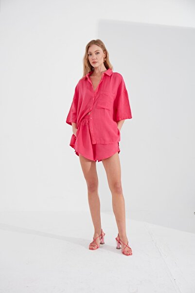 Manche Müslin Kadın Oversize Gömlek | Fuşya MKS166965-01