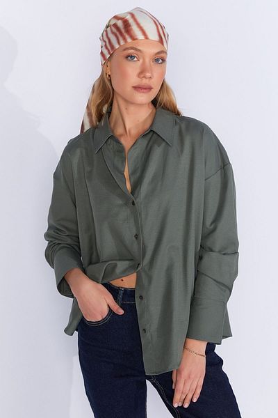 Manche Khaki Cotton Blended Oxford Shirt| MKW167422-01