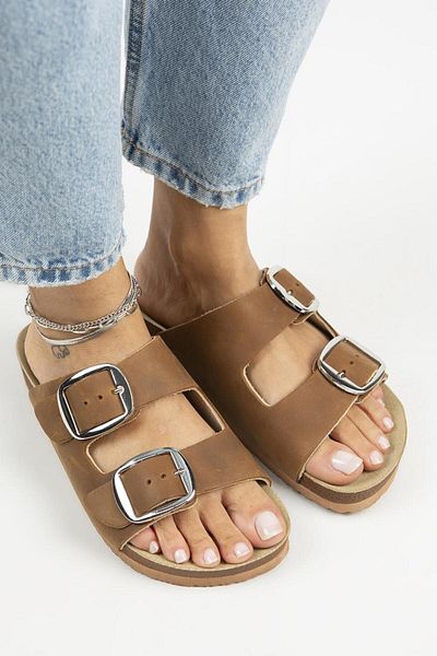 Manijero Irene Antique Women's Slippers - Genuine Leather, Double Buckle, Brown Silver