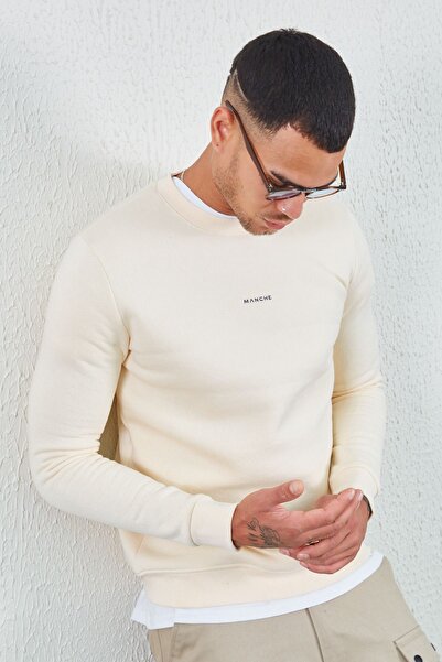 Manche Sweat Ecru cu imprimeu minim basic cu guler rotund