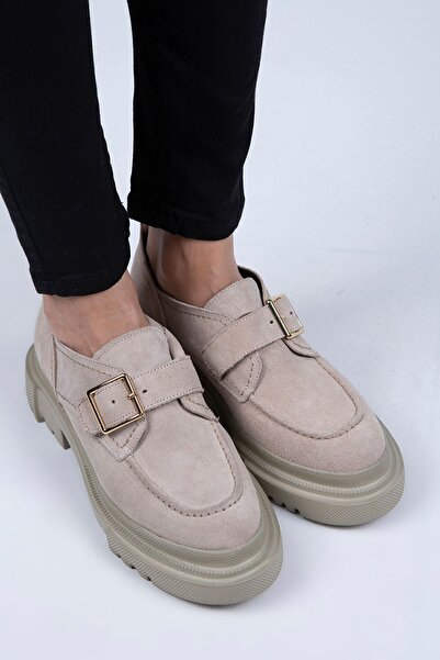 Manijero Gloria Women's Genuine Leather Loafer Belted Buckle Beige Suede Shoes