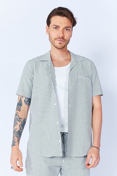 Manche Khaki Men's Shirt - Seersucker Striped, Pocket Detail, Short Sleeve, Apple Collar| MES114629-01