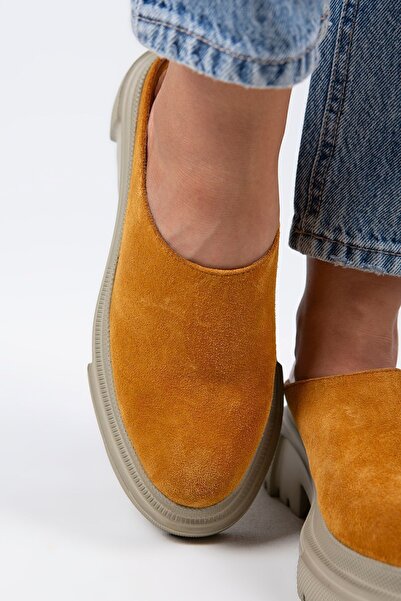 Manijero Edna Women's Genuine Leather Laceless Mustard - Suede Slippers