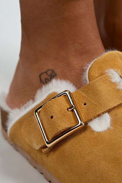 Manijero Zeta Furry Women's Genuine Leather Buckle Belt Furry Mustard Suede Slippers