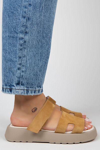 Manijero Papuci de damă Seina din piele naturală cu velcro Papuci muștar