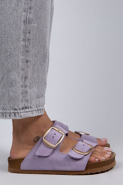 Manijero Irene Women's Genuine Leather Double Buckle Lilac - Gold Slippers