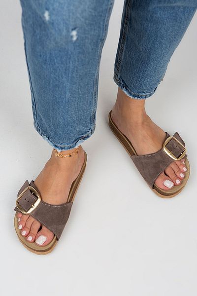 Manijero Women's Genuine Leather Single Strip Brown Gold Slippers