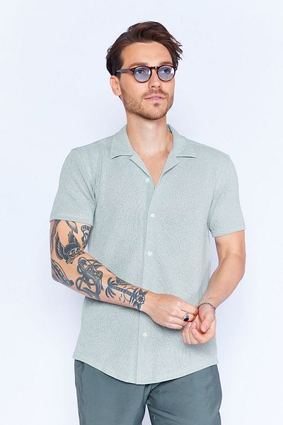 Manche Çağla Green Men's Knitwear Shirt - Krose, Apache Collar, Short Sleeve MJS118927-01