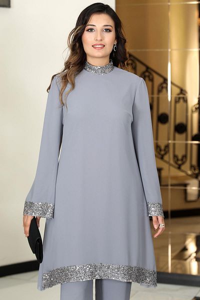 DENİMİNİ Hijab Evening Dress - Chiffon Sequin Detailed, Long Sleeve Tunic and Trousers Set