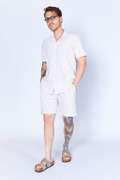 Manche Men's Jogger Shorts - Seersucker Striped, Elastic Waist| Stone MES650453-01