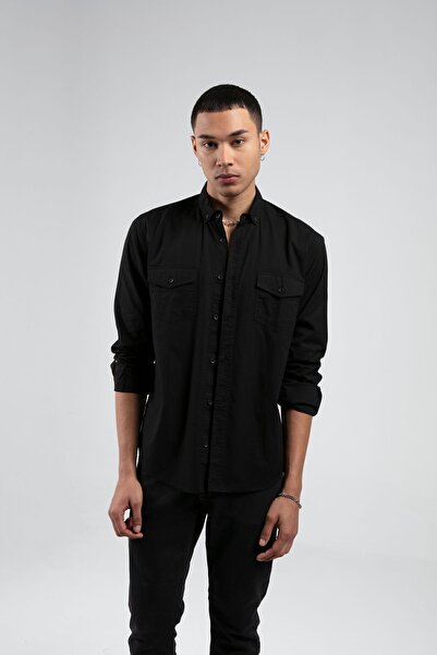 Manche Siyah Erkek Çift Cep Kapaklı Slim Fit %100 Pamuk Gömlek