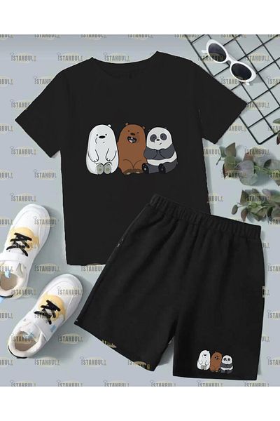 Pink Sky Kafadar Bears Printed T-Shirt Shorts Tracksuit Bottom Top Set