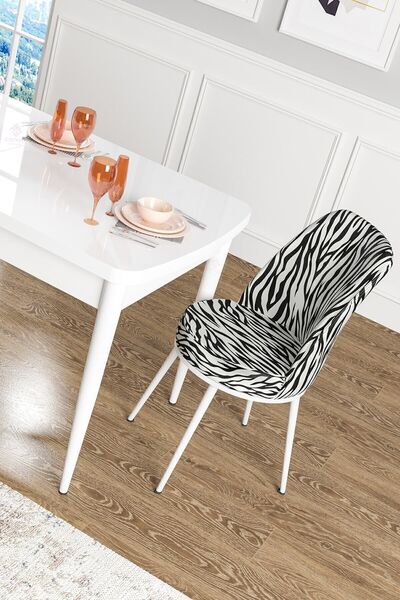 Canisa Kor Serisi 70x114 Açılabilir Mutfak Masası Takımı Beyaz Masa 2 Zebra Desen 2 Siyah Sandalye
