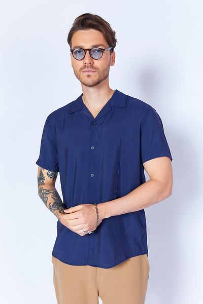 Manche Navy Blue Apache Collar Short Sleeve Shirt - Modal Soft Textured MES118072-01