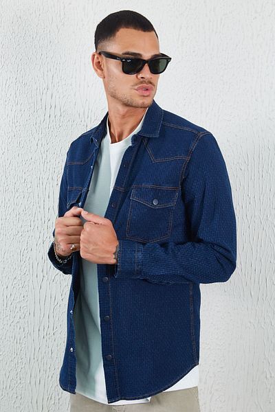 Manche Navy Blue Double Pocket Men's Shirt Navy Blue