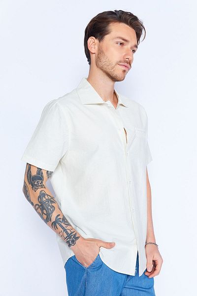 Manche Ecru Wrinkled Layered Collar 100% Cotton Short Shirt - MES129280-01
