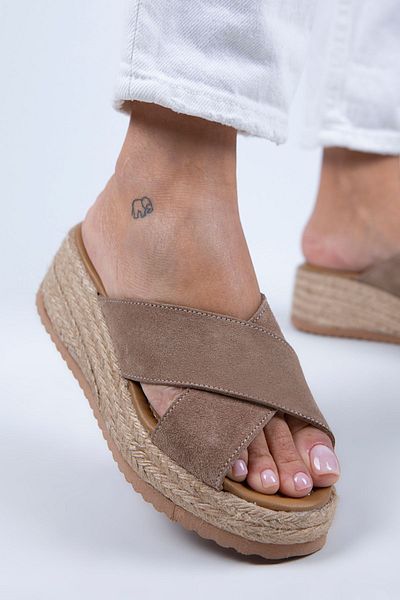 Manijero Tegan Women's Genuine Leather Double Band Cross Slippers Mink Suede Slippers