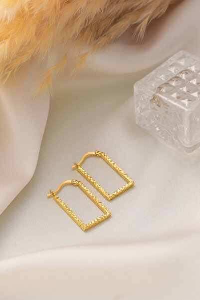 MOOM MÜCEVHERAT Altın Küpe 14 Ayar Altın Kare Halka Desenli Küpe-2,30 CM