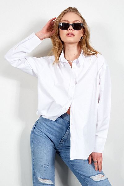 Manche Women's Relaxed Fit 100% Cotton Poplin Shirt |   White Mks 163867 -01