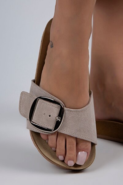 Manijero Jade Women's Genuine Leather Single Buckle Beige Suede - Silver Slippers