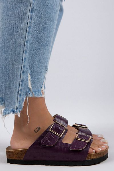 Manijero Papuci de damă Croco din piele naturală cu cataramă dublă, violet, crocodil