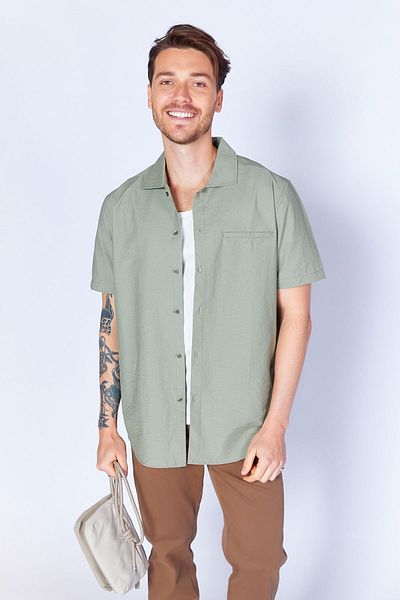 Manche Khaki Short Sleeve Shirt - 100% Cotton, Wrinkled Layered Collar| MES129280-01