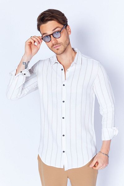 Manche White Men's Shirt - Straw Linen Striped, Cotton MES114098-01