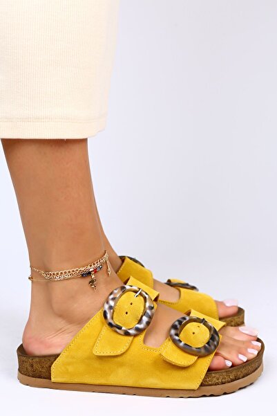 Manijero Κίτρινες παντόφλες με διπλή πόρπη από γνήσιο δέρμα Drina