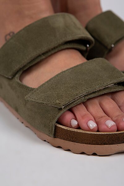 Manijero Γυναικείες παντόφλες Velcro από γνήσιο δέρμα Vina Green