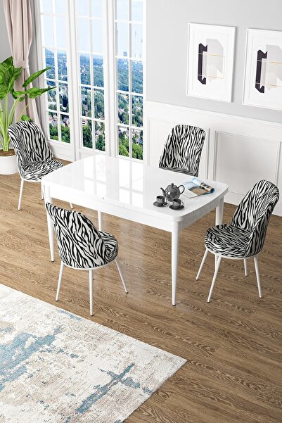 Canisa Kor Serisi 70x114 Açılabilir Mutfak Masası Takımı Beyaz Masa 4 Zebra Desen Sandalye