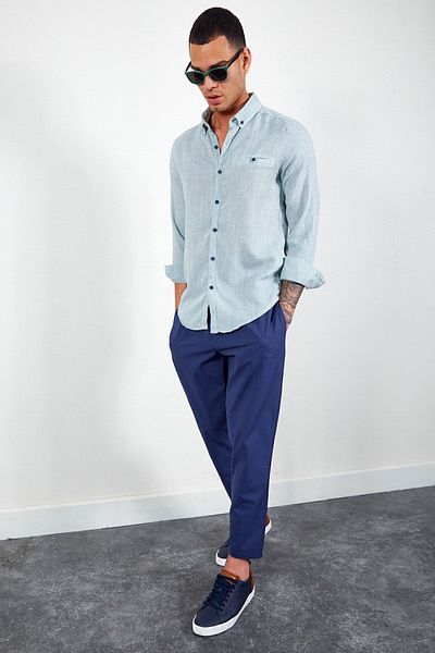 Manche Men's Shirt - Khaki Long Sleeve, Straw Linen