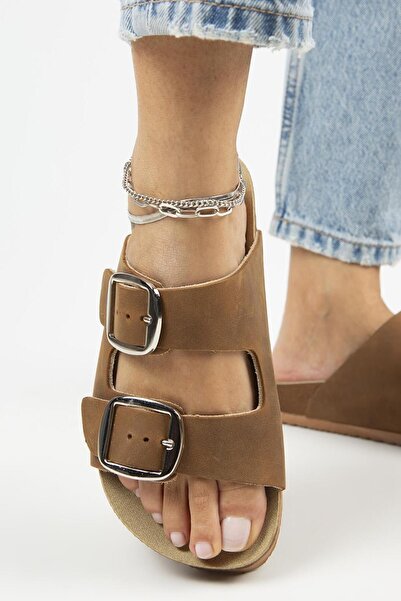 Manijero Irene Antique Women's Slippers - Genuine Leather, Double Buckle, Brown Silver